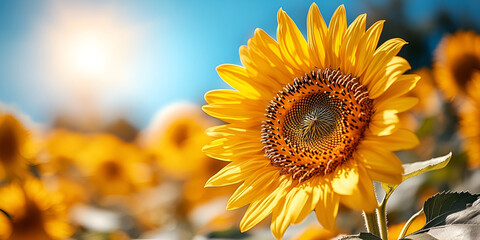 Close-up of Sunflower Blooming in Field, Bright Yellow Sunflower with Blue Sky, Beautiful Sunflower in Full Bloom

