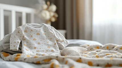 Baby clothes on a cozy bed