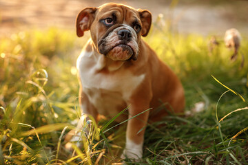 red and white English Bulldog lying on grass in park in sunny summer day, dog walking concept