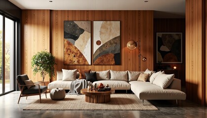 Modern living room with stylish decor against wooden walls  