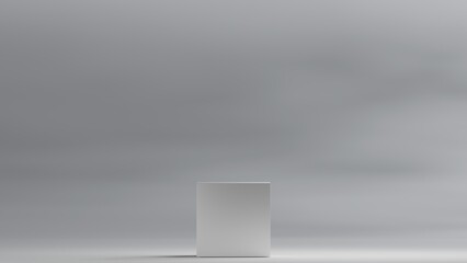White empty podium or pedestal for product presentation, showcase of beauty and cosmetics product. Square mockup platform on blue background. 3d rendering	