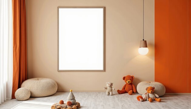 Cozy children's room with stuffed toys and empty picture frame  