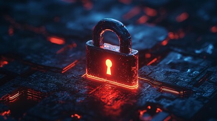 digital security and cyber protection concept with lock on circuit board