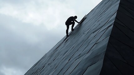 Person Climbing on a Steep, Darkly Colored Roof