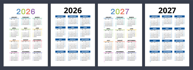 2026 and 2027 year calendar set. Color vector pocket calender design. Week starts on Sunday. January, February, March, April, May, June, July, August, September, October, November, December