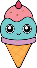 A cute kawaii ice cream cone with eyes and a smile 