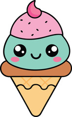 A cute kawaii ice cream cone with eyes and a smile 