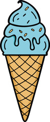 Hand-drawn wafer cone ice cream, melted vanilla classic creamy in waffle cone isolated on transparent background