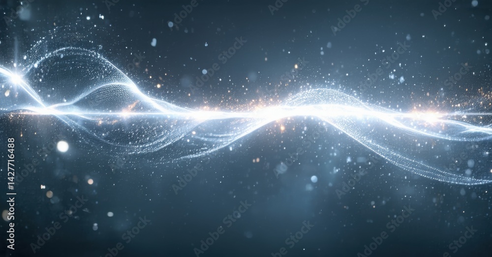 Poster Bright wavy lines illuminate dark background. Sparkling particles create dynamic energy flow. Abstract light display evokes motion, power.