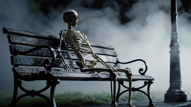 A lonely skeleton sitting on a park bench under a streetlight at night