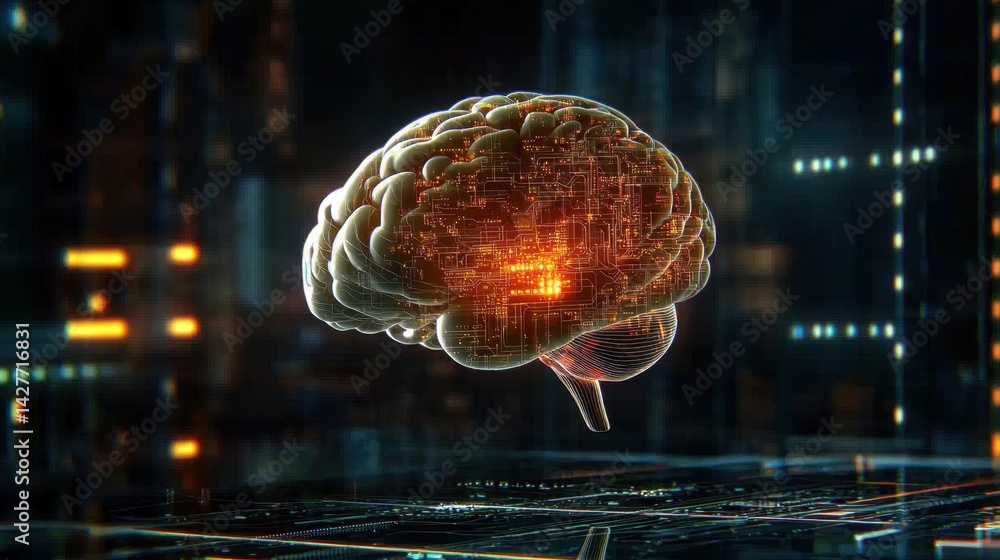 Poster digital intelligence visualization with ai brain and smart data overlays