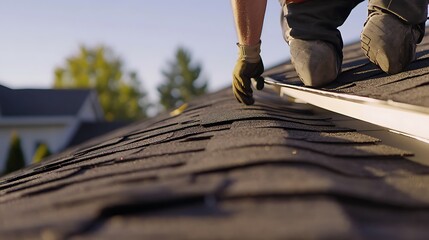 Roofing Contractor Installing Gutters on a Residential Roof
