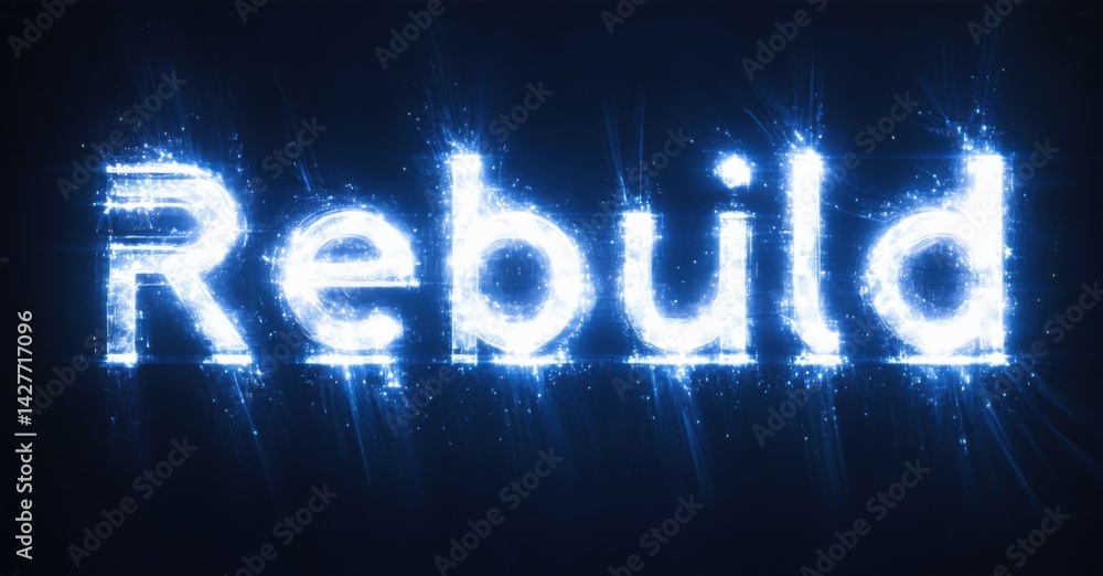 Aufkleber Bright text reads Rebuild against dark blue background. Light rays emanate from lettering, creating dynamic visual effect.