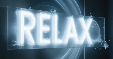Bright neon sign displays RELAX. Water splashes surround glowing letters. Cool blue tones dominate image composition.