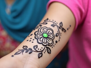 Naklejka premium A woman's hand showcases a beautiful henna tattoo, a form of body art and jewelry