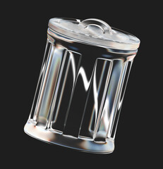 3d rendering glassy bin isolated on a black background. Glassmorphism bin. Garbage can.
