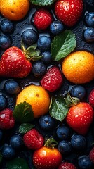 Obraz premium Bright and fresh fruits including strawberries and blueberries photo