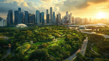 Lush parkland meets modern city skyline at sunset