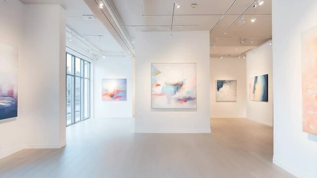 A gallery with a white wall and a white floor. There are several paintings on the wall, including one with a blue and orange background. The paintings are abstract and colorful, creating a lively