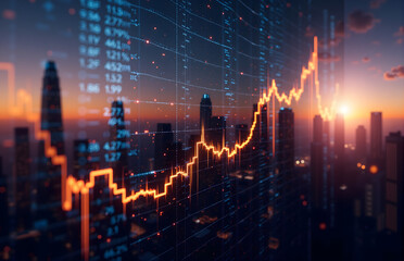 Financial Chart Over Cityscape at Sunset
