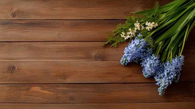 Fresh-cut blue hyacinths on a vintage wood surface, spring floral arrangement from above