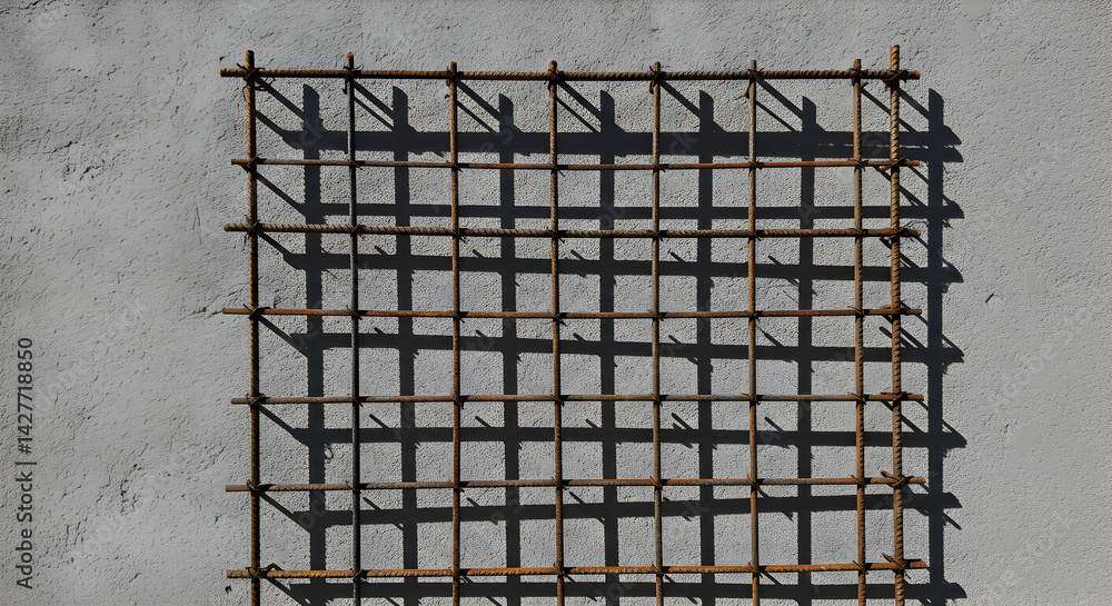 Poster rusty rebar grid creates striking shadow pattern on a concrete wall