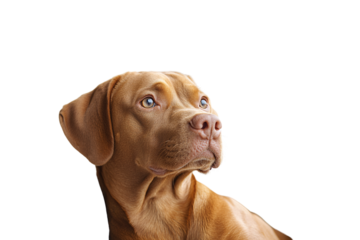 A calm brown dog gazes upward with soft eyes and floppy ears, appearing thoughtful and alert, isolated on a transparent background