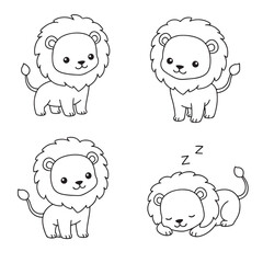 Cute Cartoon Lions Black and White Coloring Animals for Kids and Adults