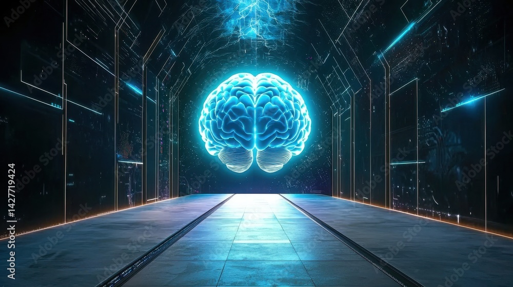 Aufkleber glowing blue ai brain model within a tech matrix environment, digital intelligence theme