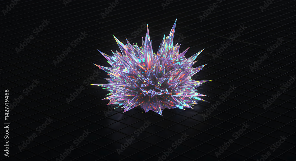Poster abstract prickly crystal structure with holographic iridescence on a dark gridded surface