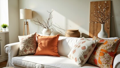 Cozy living room with decorative pillows on a sofa  