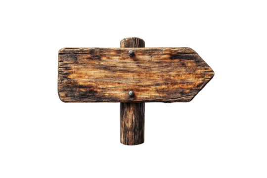 A single right-pointing arrow-shaped wooden plank, mounted on a vertical post, rustic and directional, isolated on a transparent background - Powered by Adobe