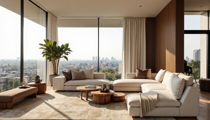 Fototapeta premium Modern living room interior with city view and natural light 