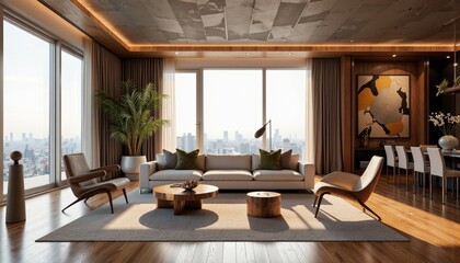 Fototapeta premium Modern living room interior with city view and stylish furniture 