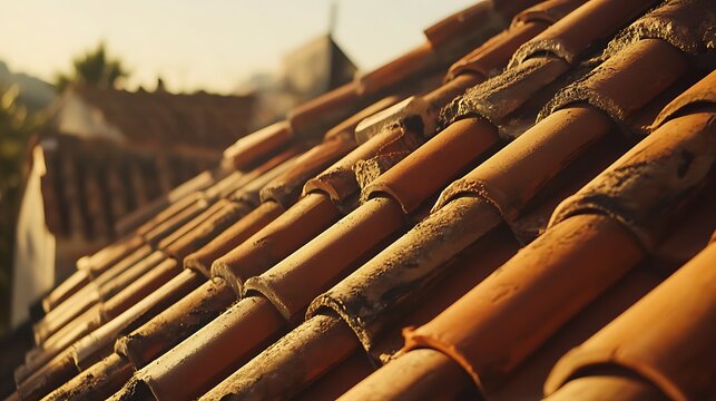 Close-up of traditional terracotta roof tiles bathed in golden sunlight