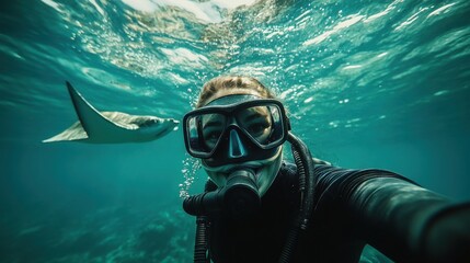 A person capturing a selfie underwater, with a stingray gliding gracefully nearby 