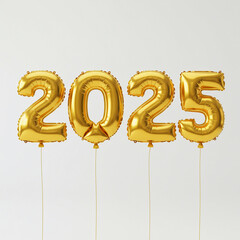 Four gold foil balloons spelling out "2025" are arranged against a plain white background.
