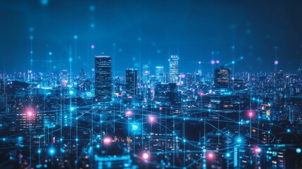 Fototapeta premium Dynamic smart city event featuring drone light shows and holograms in an urban environment a futuristic exploration of technology and art