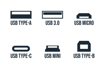 Usb port vector set - type-a, type-c, usb micro, usb mini, type-b and usb 3.0