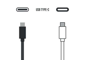 usc type-c icon set, usb Type C data cable connectors and plugs line
