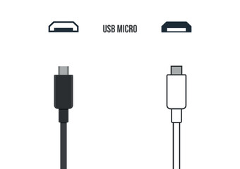 usc micro icon set, micro usb data cable connectors and plugs line