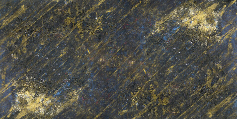 Texture of an old, dirty, rusty, scratched and stained metal sheet once covered with paint. Black background with gold and blue flecks.
