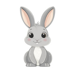Cute cartoon grey bunny character with big eyes and pink cheeks isolated on a transparent background