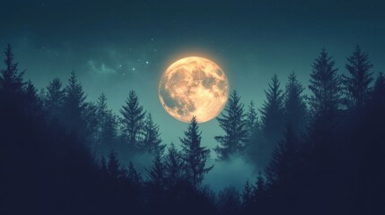 Fototapeta premium Glowing moon merging into forest silhouette at night atmospheric illustration enchanting landscape dreamy viewpoint nature concept