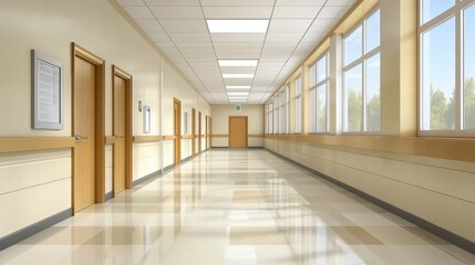 Office hallway with open space design, clean lines and abstract blurred background