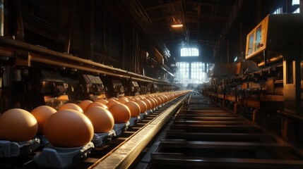Industrial egg processing facility with rows of brown eggs rolling through machinery