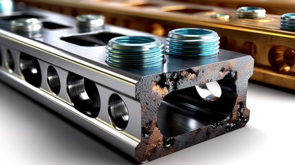 Machining process in industrial setting metal components close-up view manufacturing technology