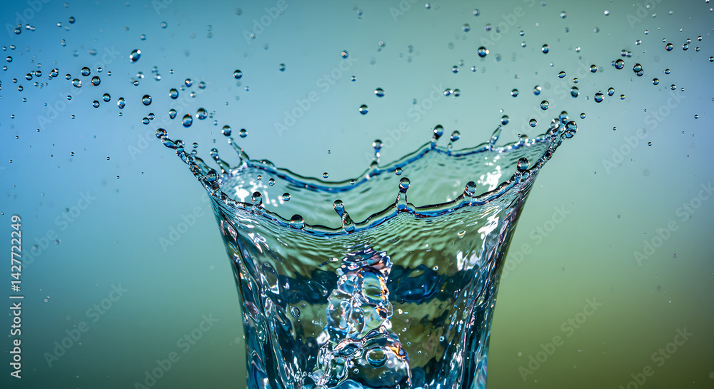 Poster water collision creating crown splash in an abstract turquoise environment