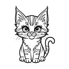 Cute Sitting Kitten Line Art Vector – Black and White Cat Outline Illustration on White Background

