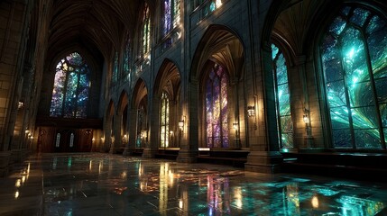 Obraz premium Interior view of a large hall with colorful stained glass windows and reflective floor.